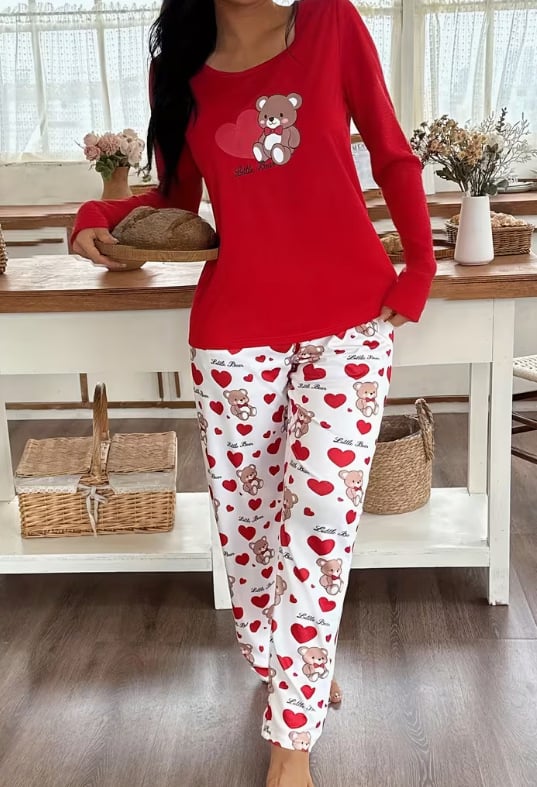 Set de pijamale pentru femei cu imprimeu inimă — top cu mânecă lungă și pantaloni lungi, confortabil pentru casă