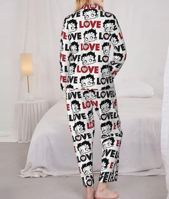 Set de pijamale pentru femei cu imprimeu inimă — top cu mânecă lungă și pantaloni lungi, confortabil pentru casă