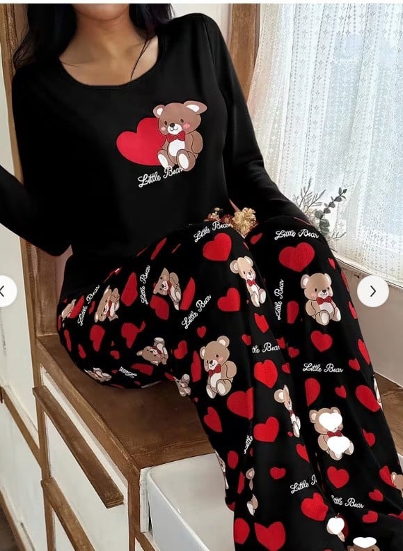 Set de pijamale pentru femei cu imprimeu inimă — top cu mânecă lungă și pantaloni lungi, confortabil pentru casă