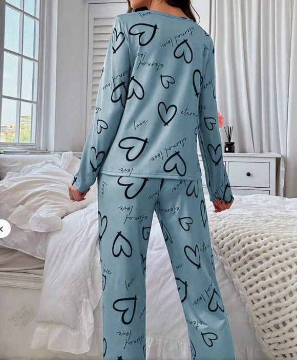 Set de pijamale pentru femei cu imprimeu inimă — top cu mânecă lungă și pantaloni lungi, confortabil pentru casă
