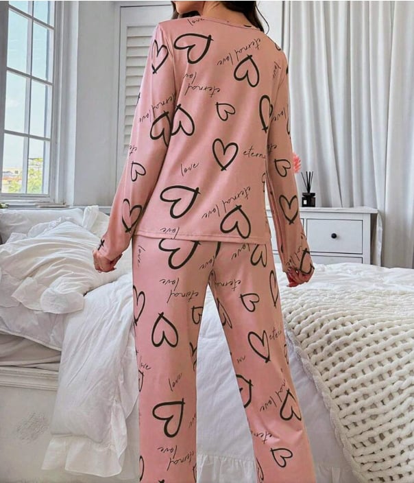 Set de pijamale pentru femei cu imprimeu inimă — top cu mânecă lungă și pantaloni lungi, confortabil pentru casă