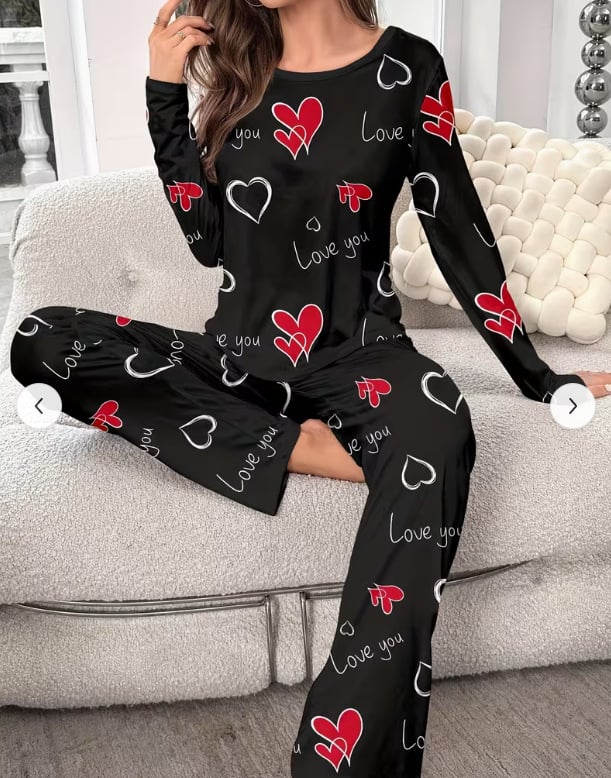 Set de pijamale pentru femei cu imprimeu inimă — top cu mânecă lungă și pantaloni lungi, confortabil pentru casă