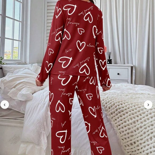 Set de pijamale pentru femei cu imprimeu inimă — top cu mânecă lungă și pantaloni lungi, confortabil pentru casă