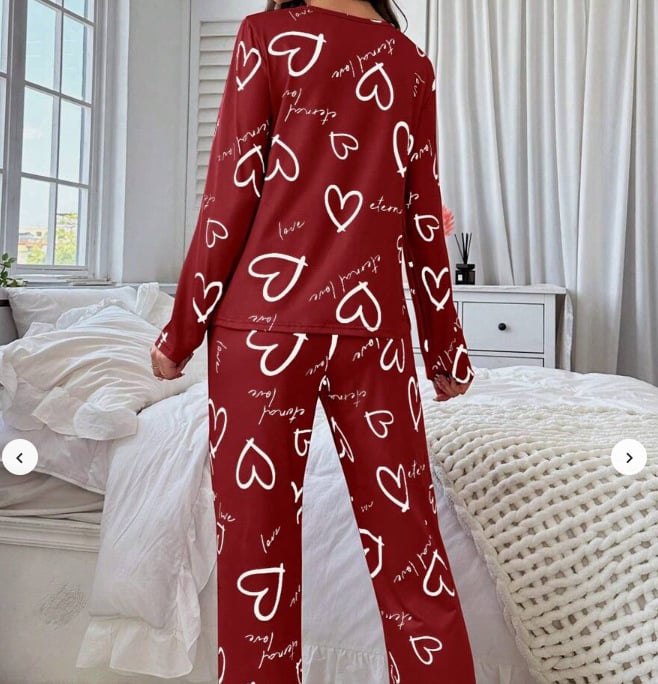 Set de pijamale pentru femei cu imprimeu inimă — top cu mânecă lungă și pantaloni lungi, confortabil pentru casă