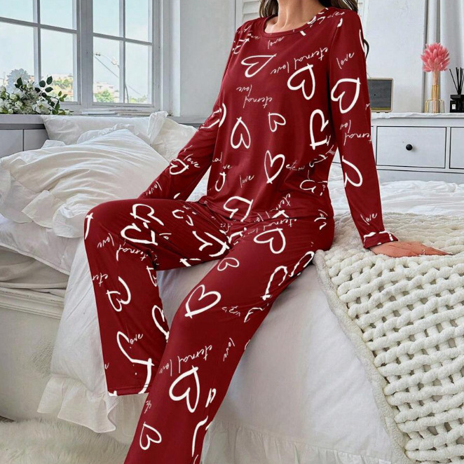 Set de pijamale pentru femei cu imprimeu inimă — top cu mânecă lungă și pantaloni lungi, confortabil pentru casă