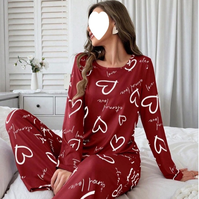 Set de pijamale pentru femei cu imprimeu inimă — top cu mânecă lungă și pantaloni lungi, confortabil pentru casă