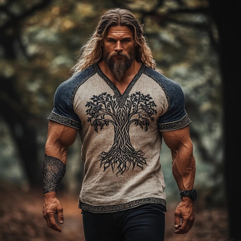 Ανδρικό καλοκαιρινό λινό T-shirt με κοντό μανίκι, χαλαρή εφαρμογή, στρογγυλός λαιμός, 3D εθνοτικό ψηφιακό τύπωμα