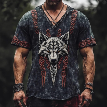Ανδρικό καλοκαιρινό λινό T-shirt με κοντό μανίκι, χαλαρή εφαρμογή, στρογγυλός λαιμός, 3D εθνοτικό ψηφιακό τύπωμα