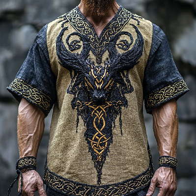 Ανδρικό καλοκαιρινό λινό T-shirt με κοντό μανίκι, χαλαρή εφαρμογή, στρογγυλός λαιμός, 3D εθνοτικό ψηφιακό τύπωμα