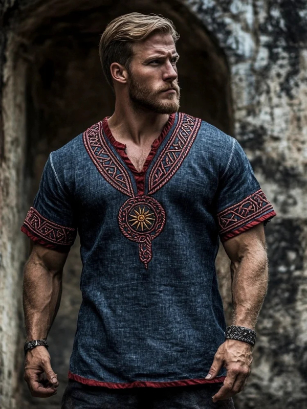 Ανδρικό καλοκαιρινό λινό T-shirt με κοντό μανίκι, χαλαρή εφαρμογή, στρογγυλός λαιμός, 3D εθνοτικό ψηφιακό τύπωμα