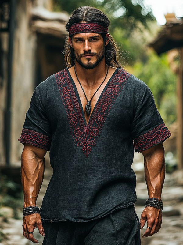 Ανδρικό καλοκαιρινό λινό T-shirt με κοντό μανίκι, χαλαρή εφαρμογή, στρογγυλός λαιμός, 3D εθνοτικό ψηφιακό τύπωμα