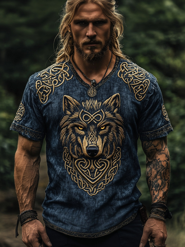Ανδρικό καλοκαιρινό λινό T-shirt με κοντό μανίκι, χαλαρή εφαρμογή, στρογγυλός λαιμός, 3D εθνοτικό ψηφιακό τύπωμα
