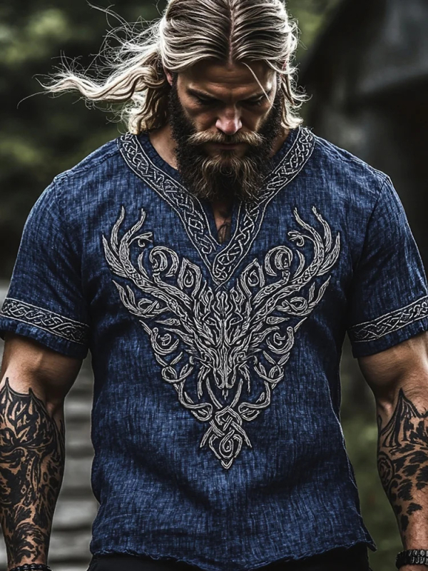 Ανδρικό καλοκαιρινό λινό T-shirt με κοντό μανίκι, χαλαρή εφαρμογή, στρογγυλός λαιμός, 3D εθνοτικό ψηφιακό τύπωμα