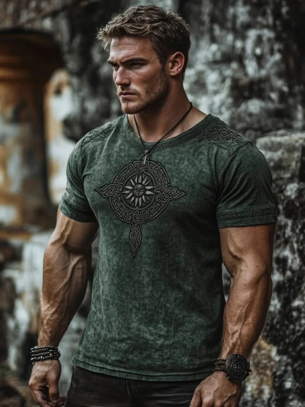 Ανδρικό καλοκαιρινό λινό T-shirt με κοντό μανίκι, χαλαρή εφαρμογή, στρογγυλός λαιμός, 3D εθνοτικό ψηφιακό τύπωμα