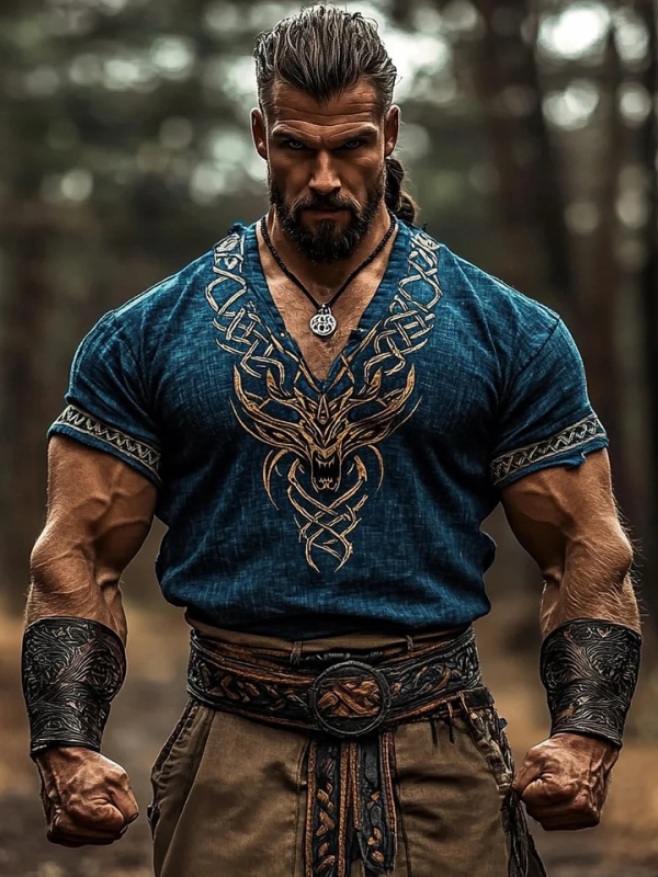 Ανδρικό καλοκαιρινό λινό T-shirt με κοντό μανίκι, χαλαρή εφαρμογή, στρογγυλός λαιμός, 3D εθνοτικό ψηφιακό τύπωμα