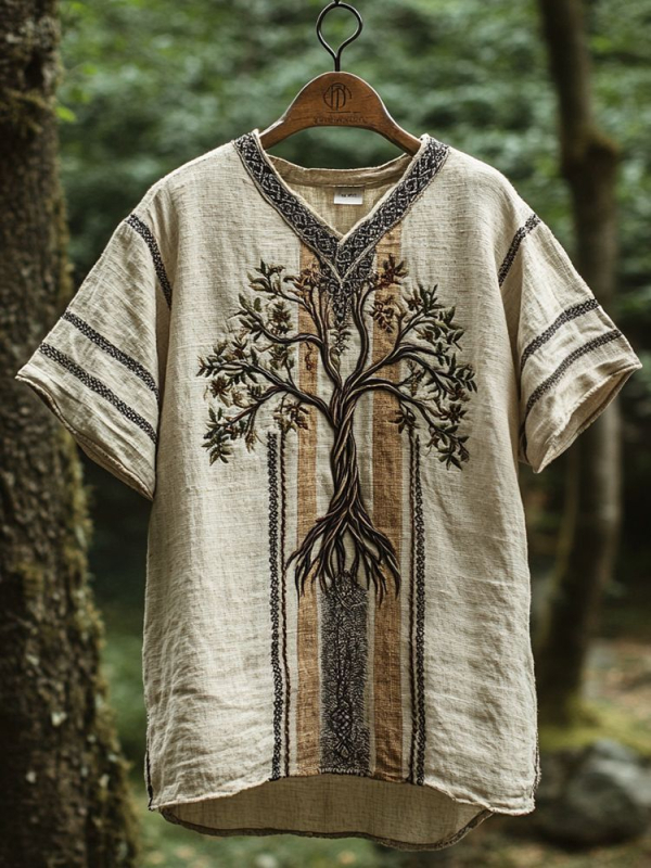 Ανδρικό καλοκαιρινό λινό T-shirt με κοντό μανίκι, χαλαρή εφαρμογή, στρογγυλός λαιμός, 3D εθνοτικό ψηφιακό τύπωμα