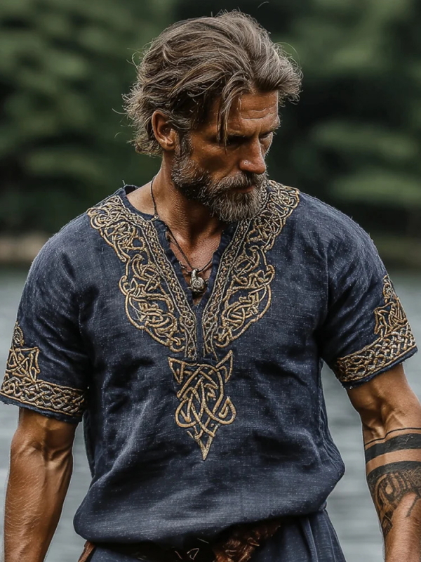 Ανδρικό καλοκαιρινό λινό T-shirt με κοντό μανίκι, χαλαρή εφαρμογή, στρογγυλός λαιμός, 3D εθνοτικό ψηφιακό τύπωμα