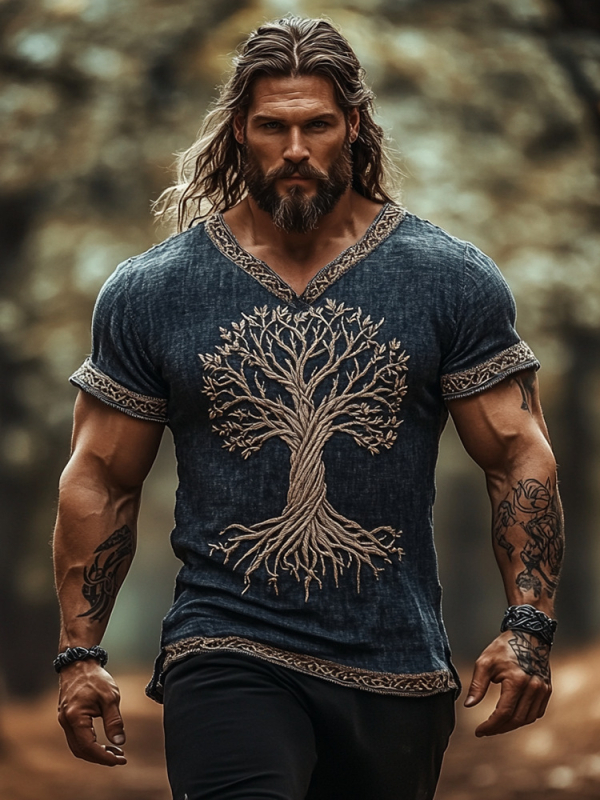 Ανδρικό καλοκαιρινό λινό T-shirt με κοντό μανίκι, χαλαρή εφαρμογή, στρογγυλός λαιμός, 3D εθνοτικό ψηφιακό τύπωμα