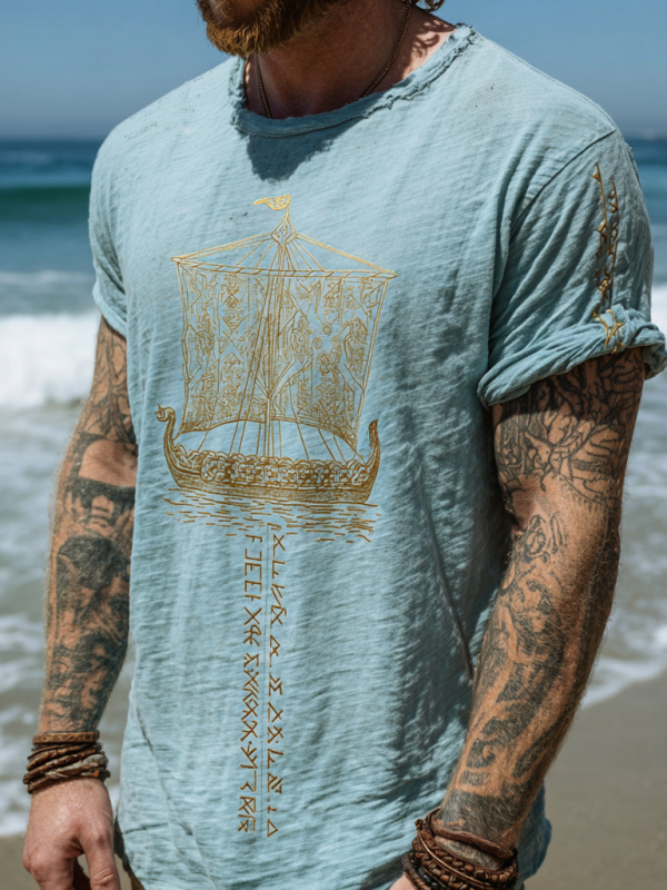 Ανδρικό καλοκαιρινό λινό T-shirt με κοντό μανίκι, χαλαρή εφαρμογή, στρογγυλός λαιμός, 3D εθνοτικό ψηφιακό τύπωμα
