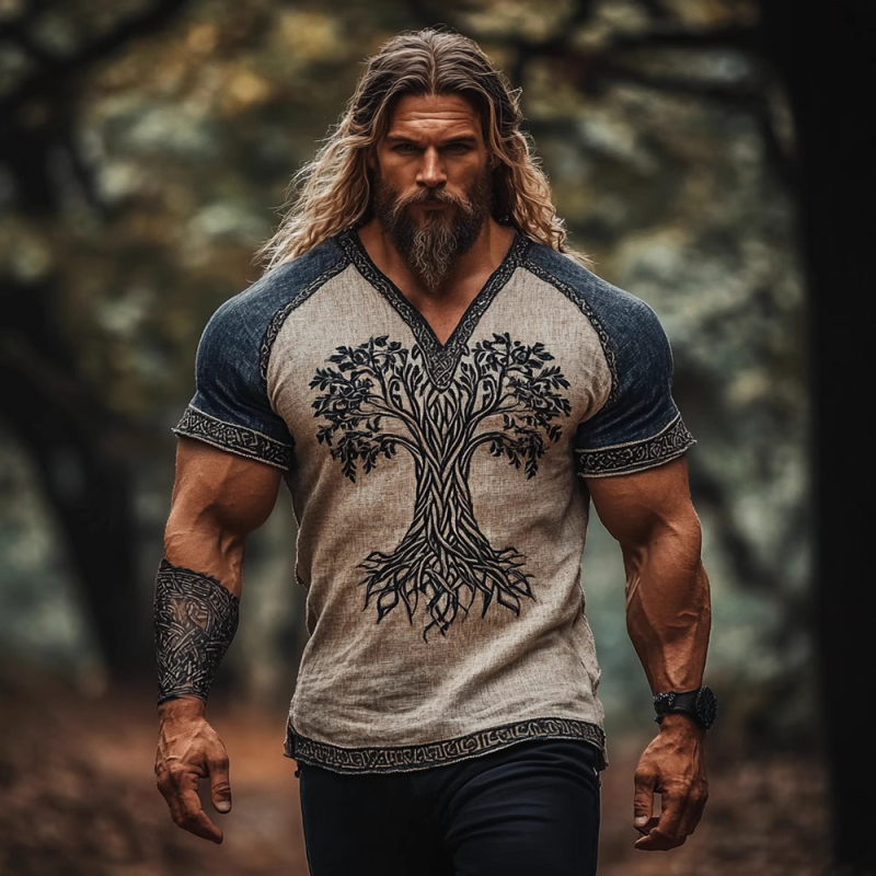 Ανδρικό καλοκαιρινό λινό T-shirt με κοντό μανίκι, χαλαρή εφαρμογή, στρογγυλός λαιμός, 3D εθνοτικό ψηφιακό τύπωμα