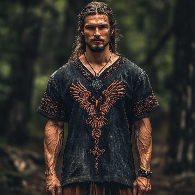 Ανδρικό καλοκαιρινό λινό T-shirt με κοντό μανίκι, χαλαρή εφαρμογή, στρογγυλός λαιμός, 3D εθνοτικό ψηφιακό τύπωμα