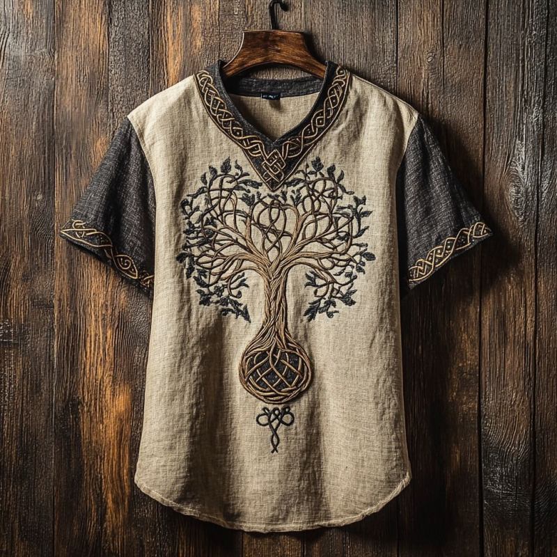 Ανδρικό καλοκαιρινό λινό T-shirt με κοντό μανίκι, χαλαρή εφαρμογή, στρογγυλός λαιμός, 3D εθνοτικό ψηφιακό τύπωμα