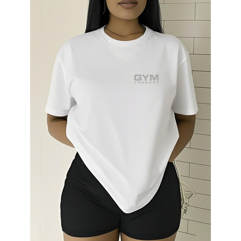 Γυναικείο T‑shirt από βαμβάκι σε ευρωπαϊκό μέγεθος, GYM THERAPY, διπλής όψεως εκτύπωση, καλοκαιρινό casual