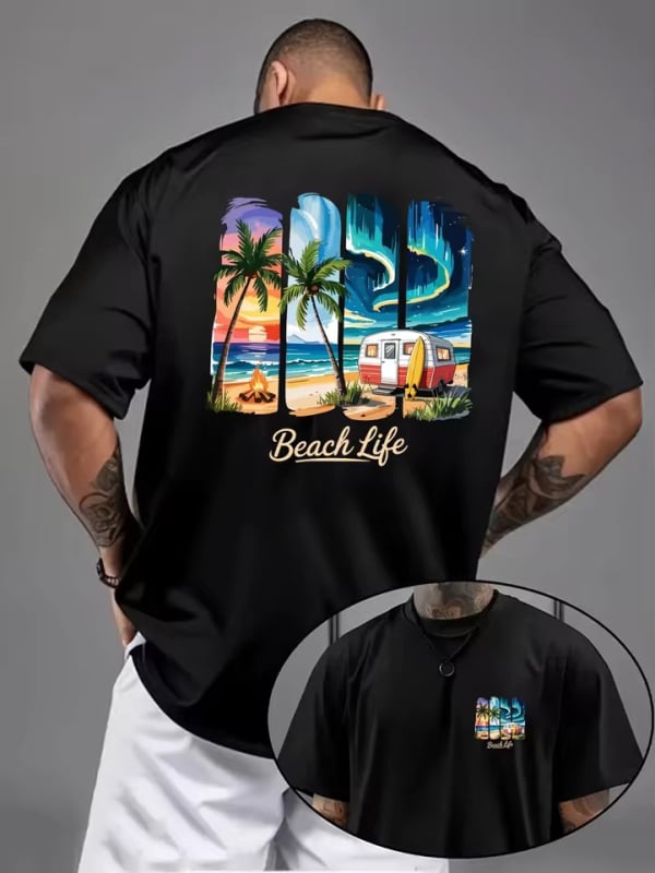 Ανδρική βαμβακερή T-shirt με εκτύπωση φοίνικων, ηλιοβασίλεμα και κάμπινγκ — καλοκαιρινό casual street style