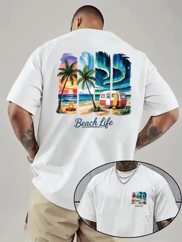 Ανδρική βαμβακερή T-shirt με εκτύπωση φοίνικων, ηλιοβασίλεμα και κάμπινγκ — καλοκαιρινό casual street style