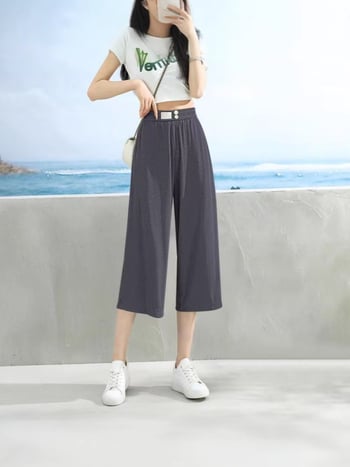 Ice Silk pantaloni largi pentru femei, vară, țesătură subțire, talie înaltă, croi lejer drept, Capri