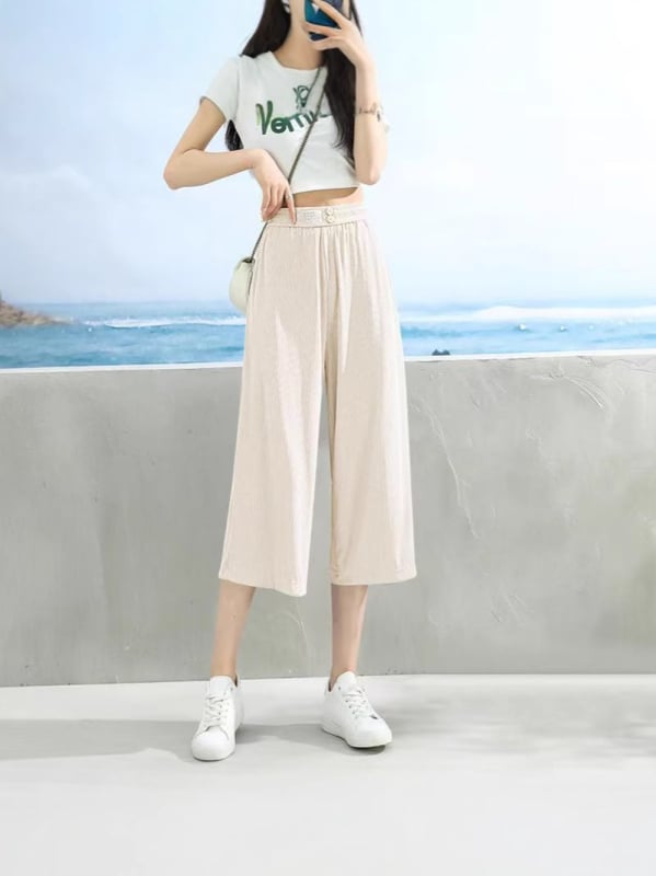 Ice Silk pantaloni largi pentru femei, vară, țesătură subțire, talie înaltă, croi lejer drept, Capri