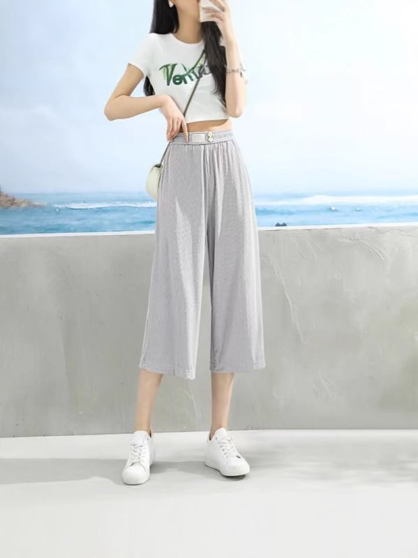 Ice Silk pantaloni largi pentru femei, vară, țesătură subțire, talie înaltă, croi lejer drept, Capri