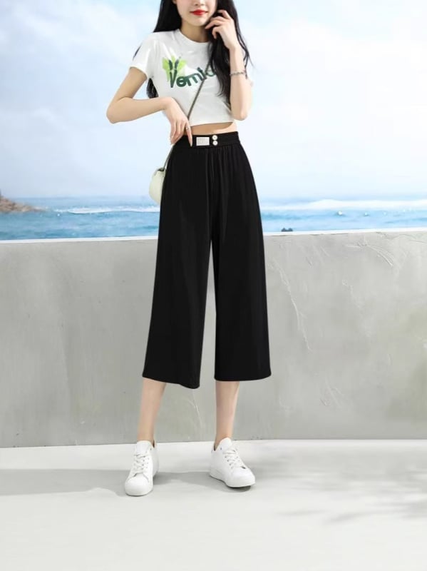 Ice Silk pantaloni largi pentru femei, vară, țesătură subțire, talie înaltă, croi lejer drept, Capri