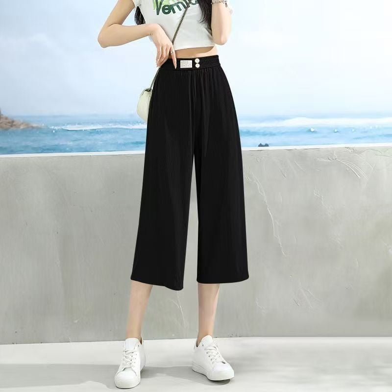 Ice Silk pantaloni largi pentru femei, vară, țesătură subțire, talie înaltă, croi lejer drept, Capri