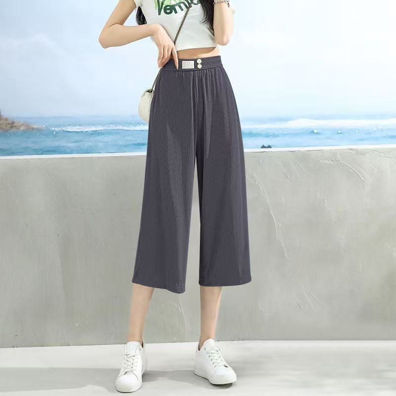 Ice Silk pantaloni largi pentru femei, vară, țesătură subțire, talie înaltă, croi lejer drept, Capri