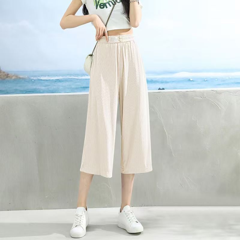 Ice Silk pantaloni largi pentru femei, vară, țesătură subțire, talie înaltă, croi lejer drept, Capri