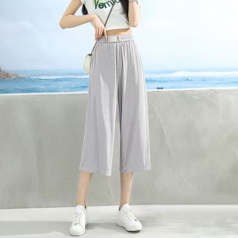 Ice Silk pantaloni largi pentru femei, vară, țesătură subțire, talie înaltă, croi lejer drept, Capri