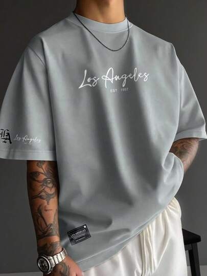 Manfinity LEGND Ανδρικό βαμβακερό T‑shirt με απλό τύπωμα λογότυπου, στρογγυλός λαιμός, κοντά μανίκια