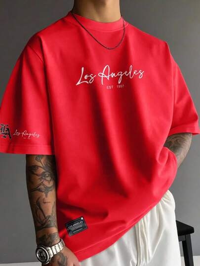 Manfinity LEGND Ανδρικό βαμβακερό T‑shirt με απλό τύπωμα λογότυπου, στρογγυλός λαιμός, κοντά μανίκια