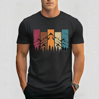 2026 Καλοκαίρι Ανδρικό Vintage Color-Blocking T-Shirt με Εκτύπωση Βουνών και Δάσους, Κοντομάνικο, Στρογγυλός Λαιμός, Καθημερινό Στυλ