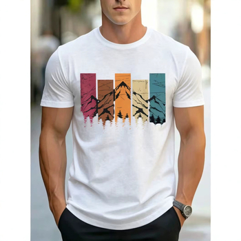 2026 Καλοκαίρι Ανδρικό Vintage Color-Blocking T-Shirt με Εκτύπωση Βουνών και Δάσους, Κοντομάνικο, Στρογγυλός Λαιμός, Καθημερινό Στυλ