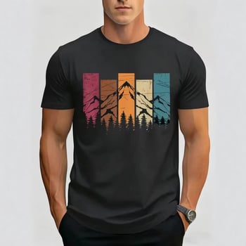 2026 Καλοκαίρι Ανδρικό Vintage Color-Blocking T-Shirt με Εκτύπωση Βουνών και Δάσους, Κοντομάνικο, Στρογγυλός Λαιμός, Καθημερινό Στυλ