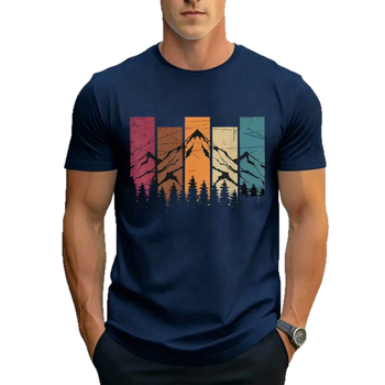 2026 Καλοκαίρι Ανδρικό Vintage Color-Blocking T-Shirt με Εκτύπωση Βουνών και Δάσους, Κοντομάνικο, Στρογγυλός Λαιμός, Καθημερινό Στυλ