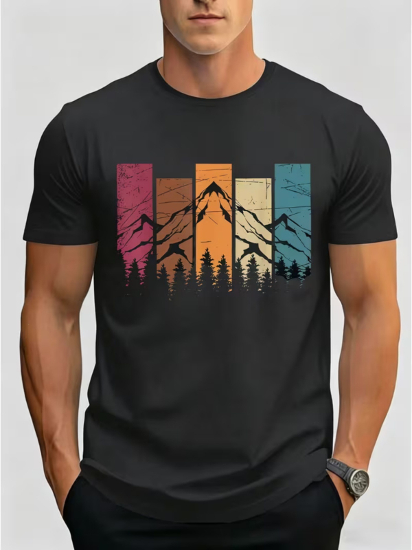 2026 Καλοκαίρι Ανδρικό Vintage Color-Blocking T-Shirt με Εκτύπωση Βουνών και Δάσους, Κοντομάνικο, Στρογγυλός Λαιμός, Καθημερινό Στυλ