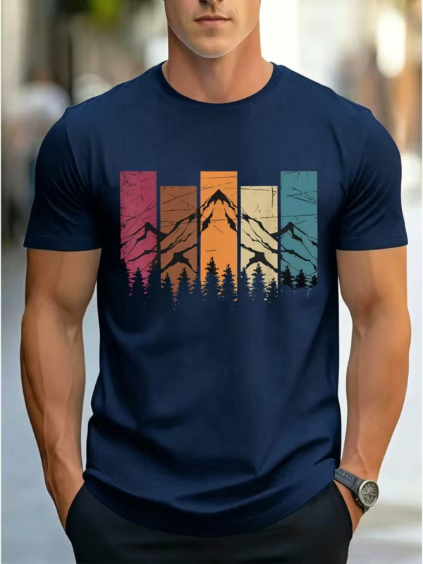 2026 Καλοκαίρι Ανδρικό Vintage Color-Blocking T-Shirt με Εκτύπωση Βουνών και Δάσους, Κοντομάνικο, Στρογγυλός Λαιμός, Καθημερινό Στυλ