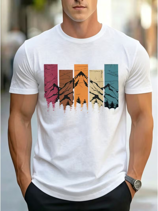 2026 Καλοκαίρι Ανδρικό Vintage Color-Blocking T-Shirt με Εκτύπωση Βουνών και Δάσους, Κοντομάνικο, Στρογγυλός Λαιμός, Καθημερινό Στυλ