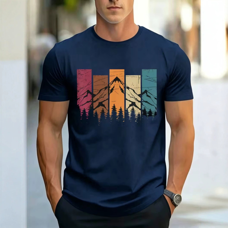 2026 Καλοκαίρι Ανδρικό Vintage Color-Blocking T-Shirt με Εκτύπωση Βουνών και Δάσους, Κοντομάνικο, Στρογγυλός Λαιμός, Καθημερινό Στυλ