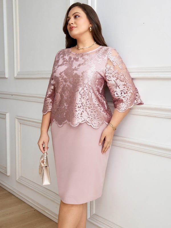 Yayilin Plusz-Méret Csipke Chiffon Ruha Vízoldható Hímzéssel, Kerek Nyak, 3/4-Es Ujjú, Midi Hosszúság, Udvari Stílus