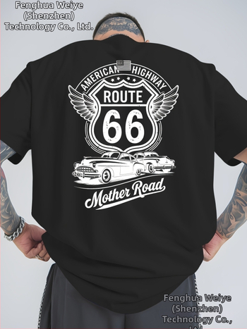 Pánske grafické tričko Route 66 – dizajn s vintage autom a krídlom, priedušné, voľný strih