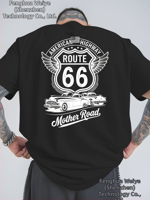Ανδρική γραφική μπλούζα Route 66 – σχέδιο με vintage αυτοκίνητο και φτερό, αναπνεύουσα υφή, χαλαρή εφαρμογή